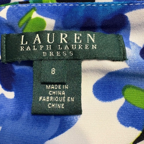 Lauren Ralph Lauren Blue Green Floral Ruched Sheath Dress V-Neck Womens 8 - Picture 5 of 9